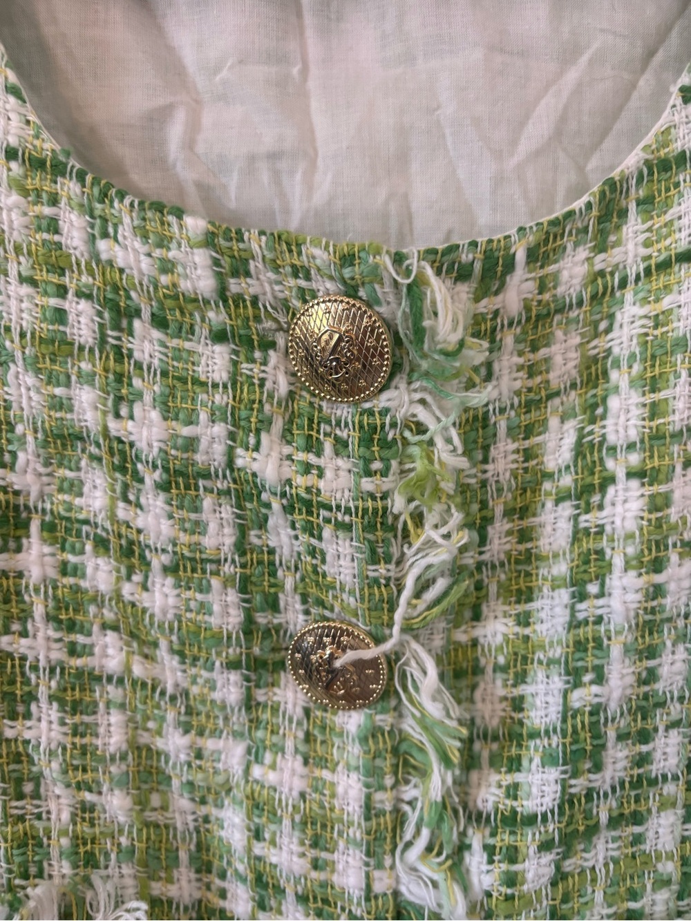 Green Tweed Fringe Button-Front Zara Top - Picture 3 of 6